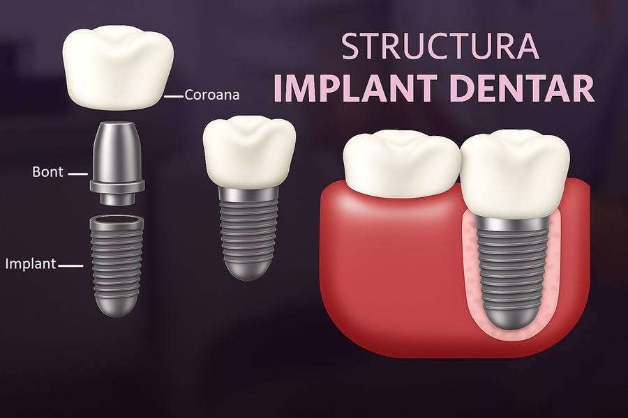 Structura tratamentului cu implant dentar (bont protetic, surub și coroană)