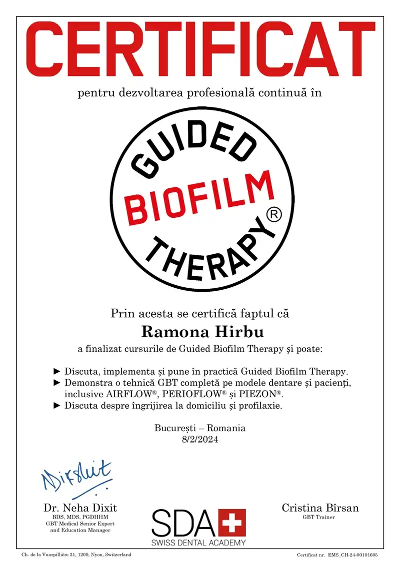 Certificat Guided Biofilm Therapy® obținut de Ramona Hirbu