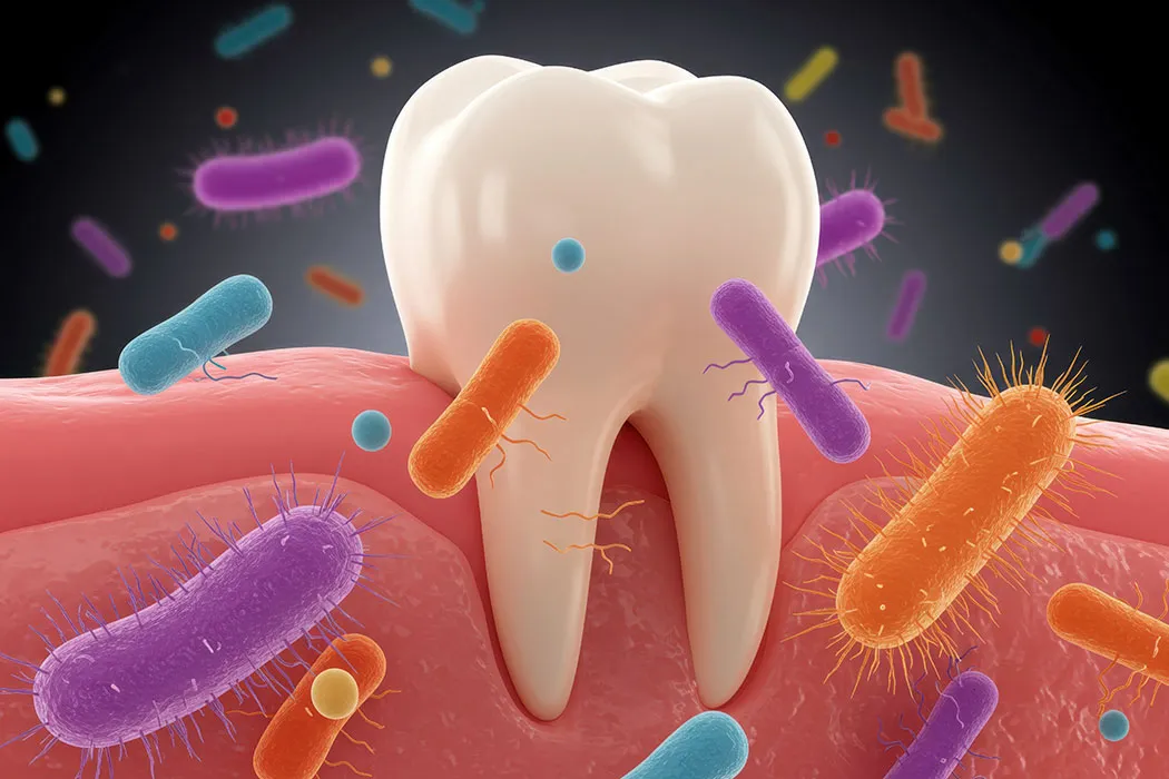 Ilustrație cu bacterii în jurul unui dinte
